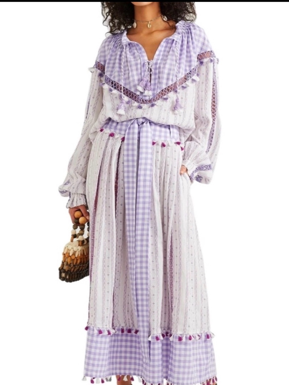 Boho Gingham Trim Maxi Skirt in Lavender